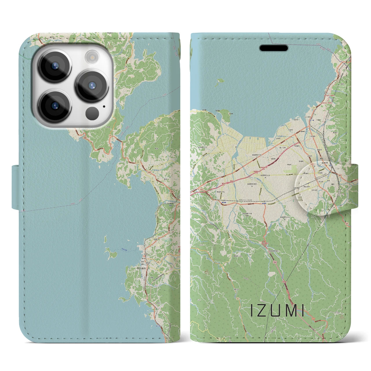 【出水（鹿児島県）】地図柄iPhoneケース（手帳タイプ）ナチュラル・iPhone 14 Pro 用