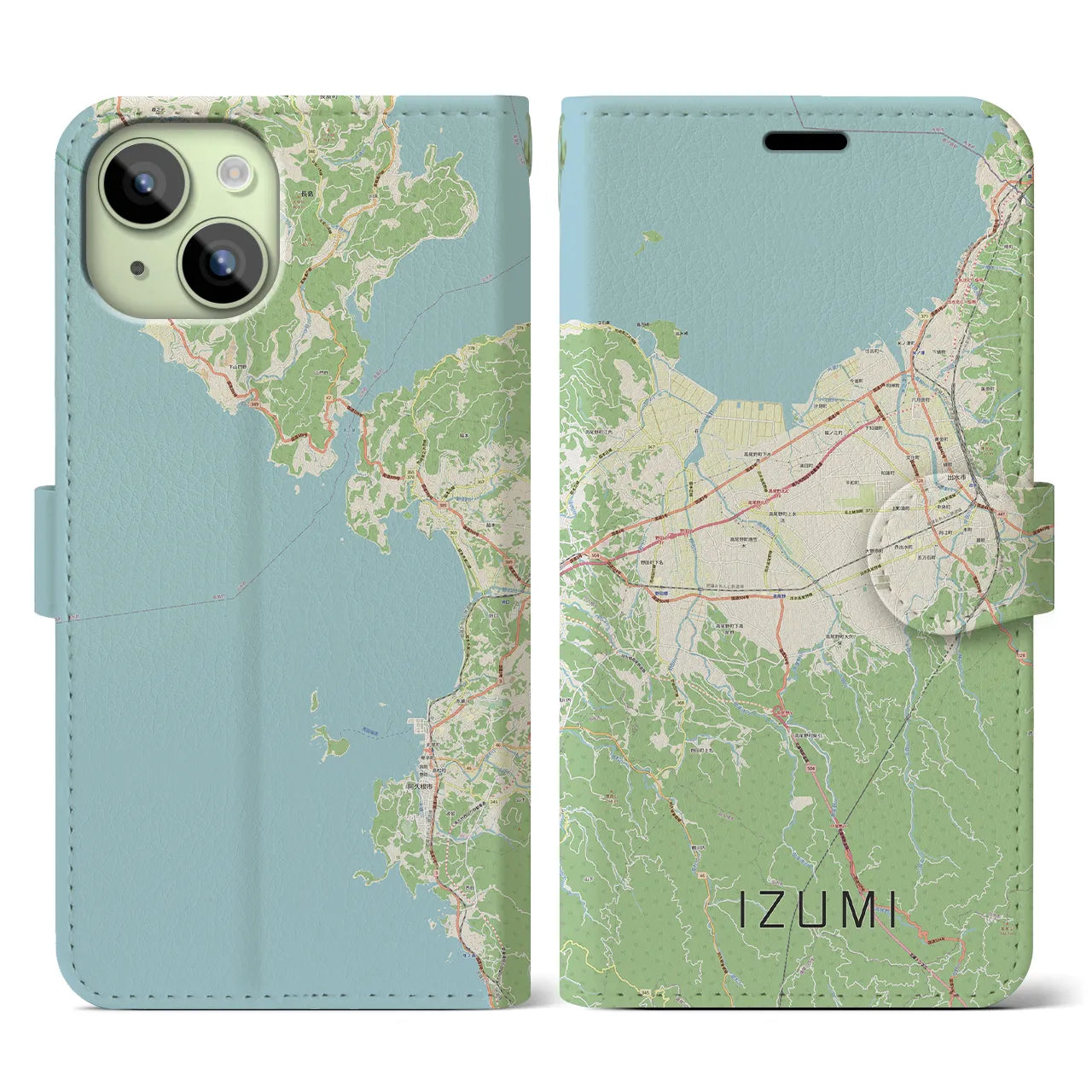 【出水（鹿児島県）】地図柄iPhoneケース（手帳タイプ）ナチュラル・iPhone 15 用