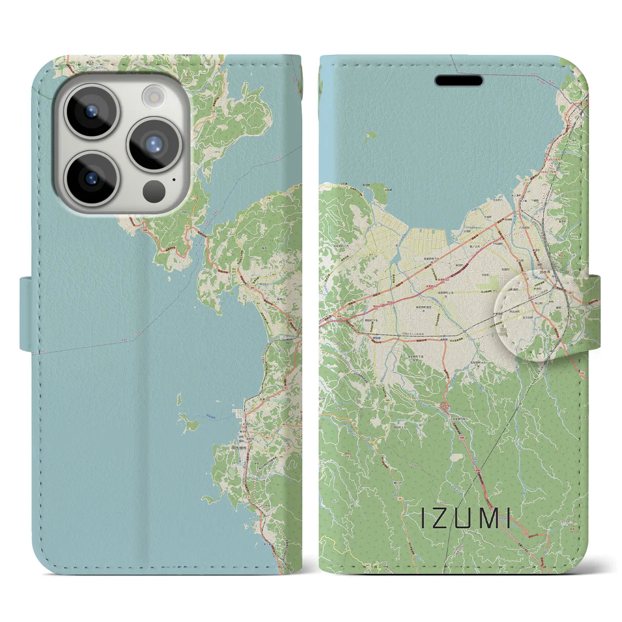 【出水（鹿児島県）】地図柄iPhoneケース（手帳タイプ）ナチュラル・iPhone 15 Pro 用