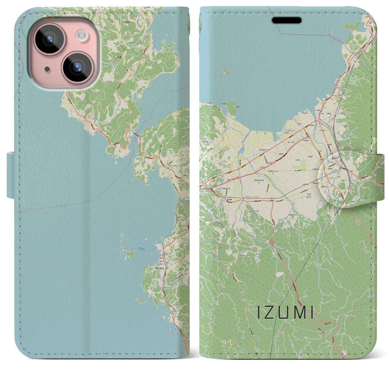 【出水（鹿児島県）】地図柄iPhoneケース（手帳タイプ）ナチュラル・iPhone 15 Plus 用