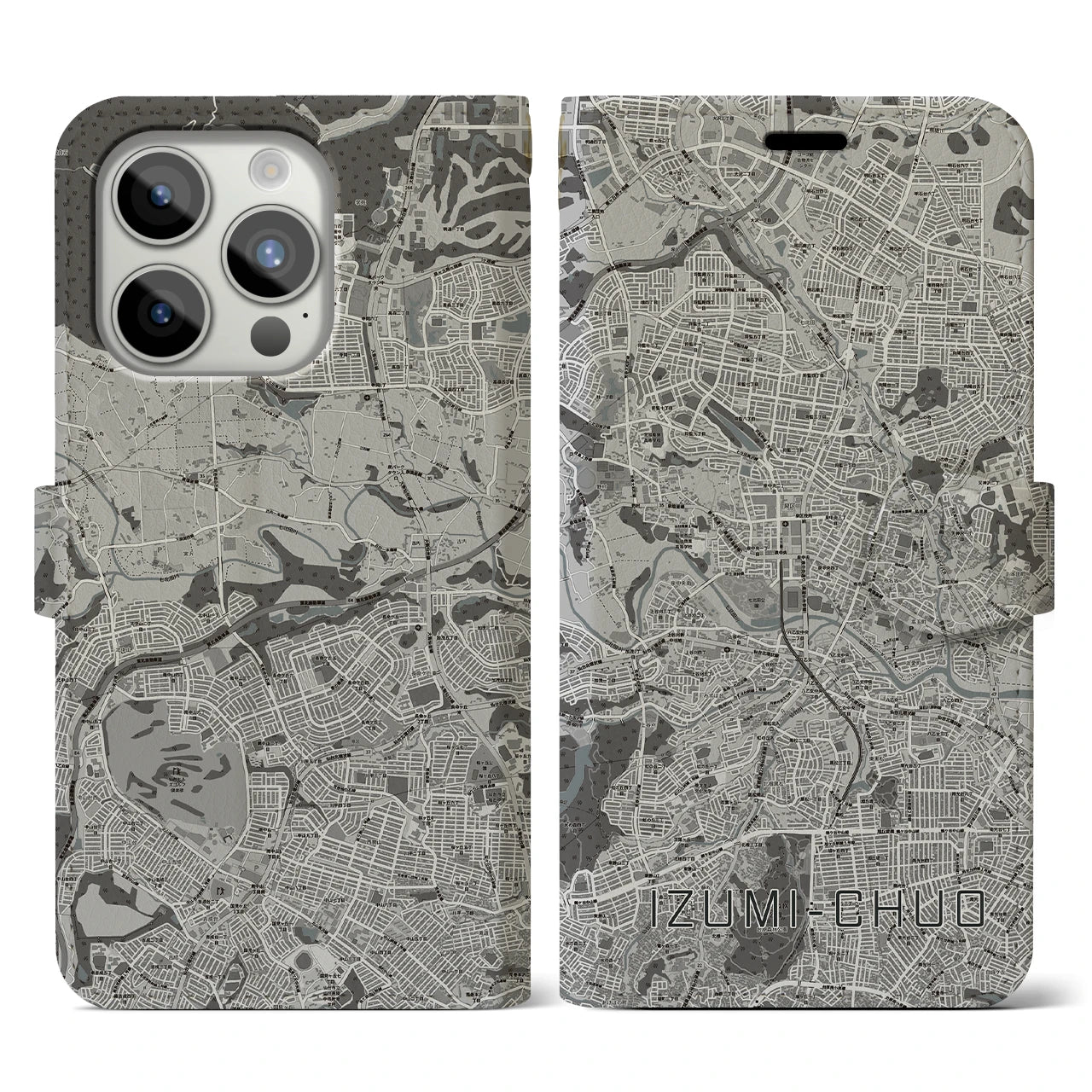 【泉中央】地図柄iPhoneケース（手帳両面タイプ・モノトーン）iPhone 15 Pro 用