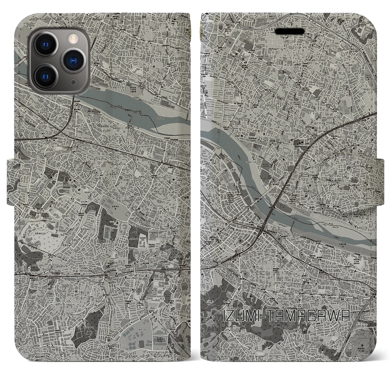 【和泉多摩川】地図柄iPhoneケース（手帳両面タイプ・モノトーン）iPhone 11 Pro Max 用