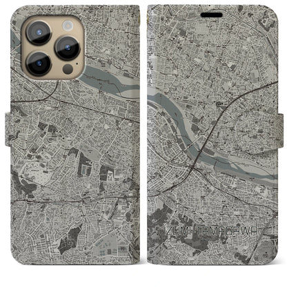 【和泉多摩川】地図柄iPhoneケース（手帳両面タイプ・モノトーン）iPhone 14 Pro Max 用