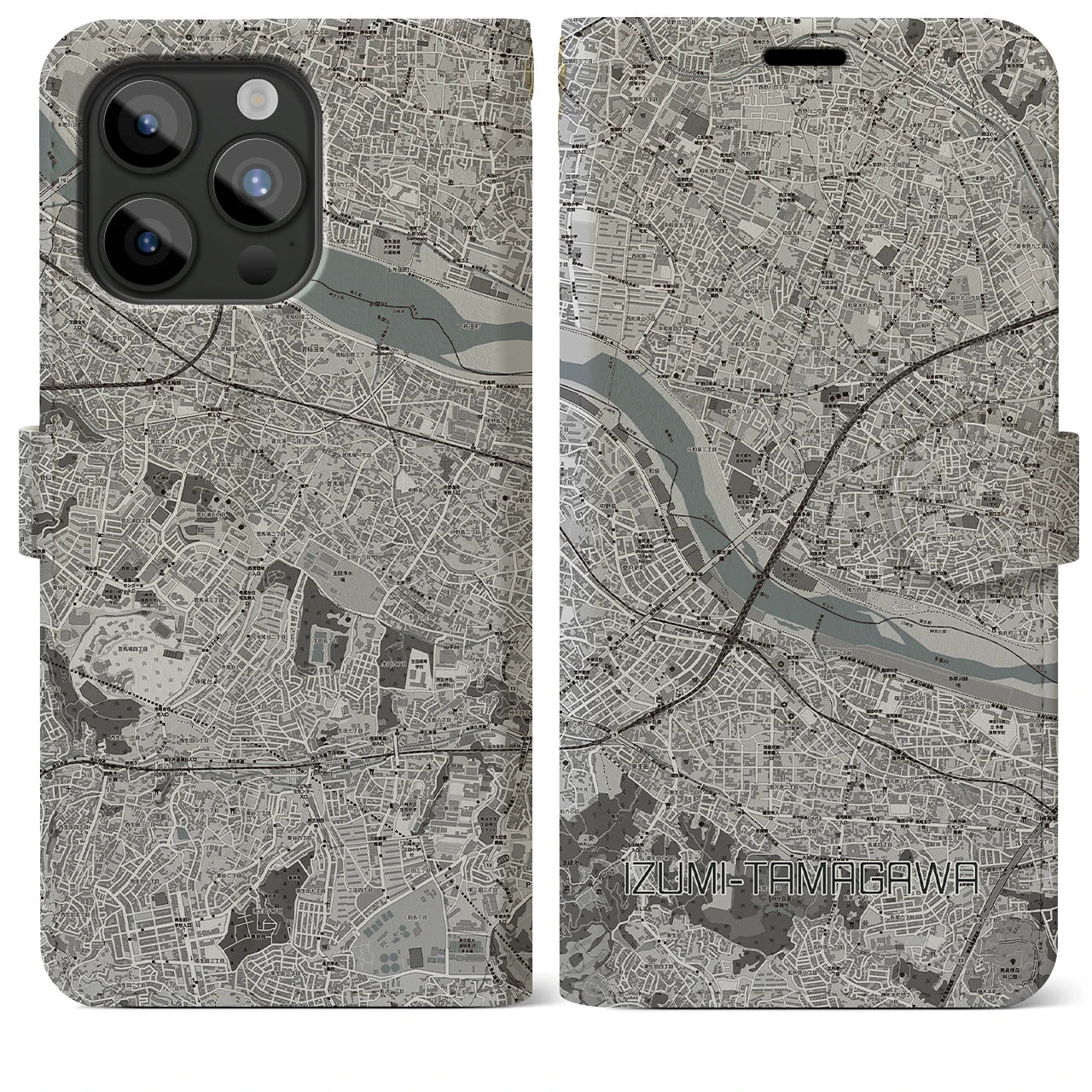 【和泉多摩川】地図柄iPhoneケース（手帳両面タイプ・モノトーン）iPhone 15 Pro Max 用