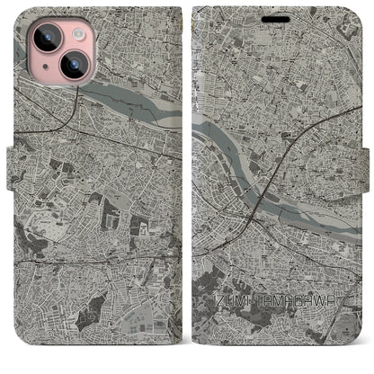 【和泉多摩川（東京都）】地図柄iPhoneケース（手帳タイプ）モノトーン・iPhone 15 Plus 用