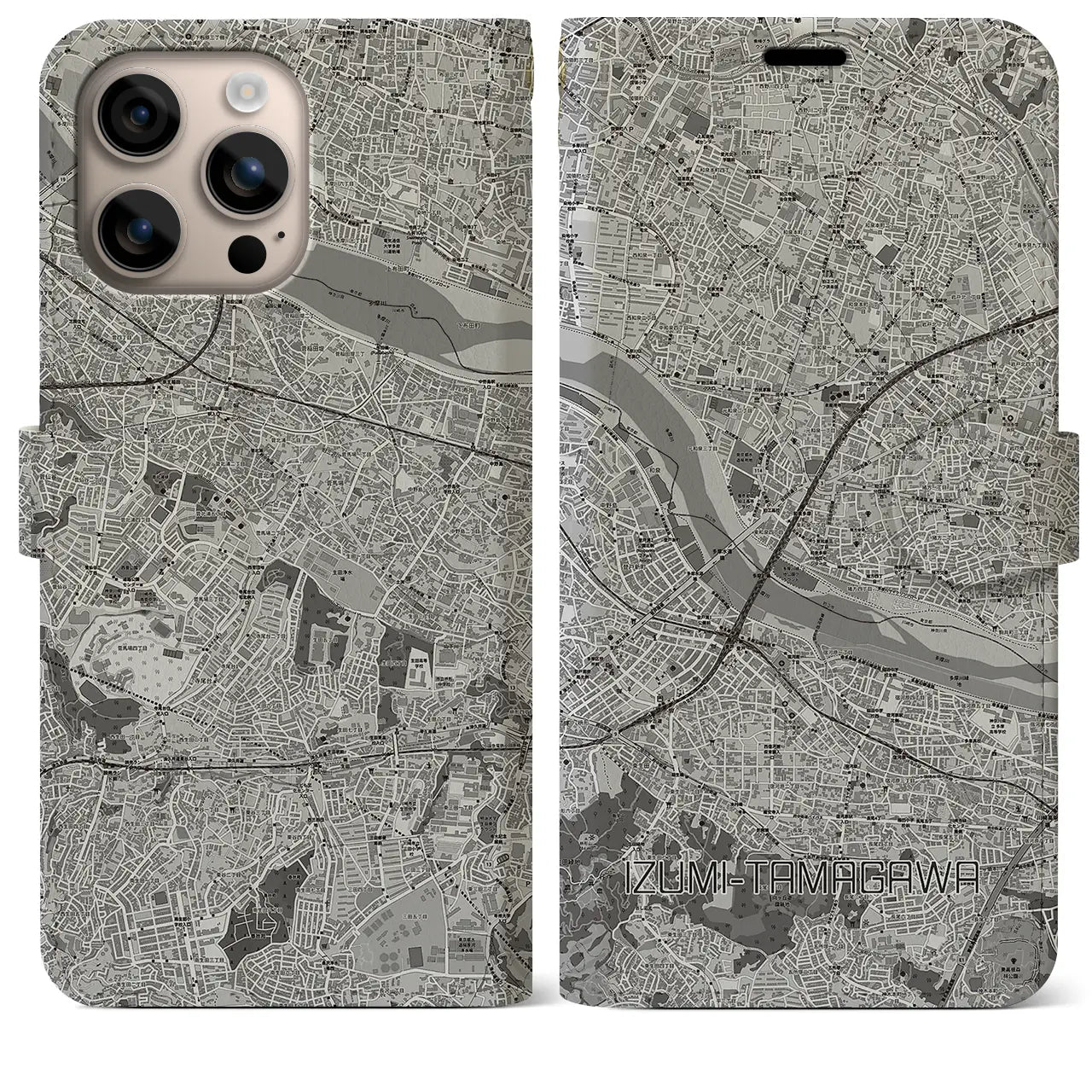 【和泉多摩川（東京都）】地図柄iPhoneケース（手帳タイプ）モノトーン・iPhone 16 Plus 用