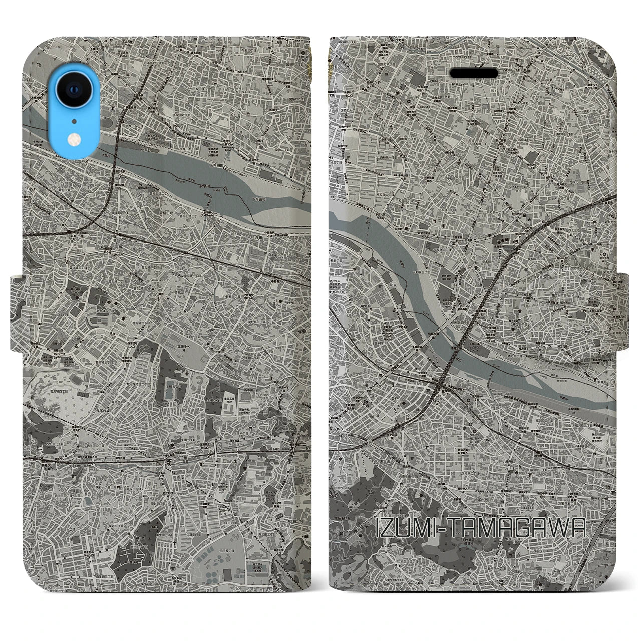 【和泉多摩川】地図柄iPhoneケース（手帳両面タイプ・モノトーン）iPhone XR 用