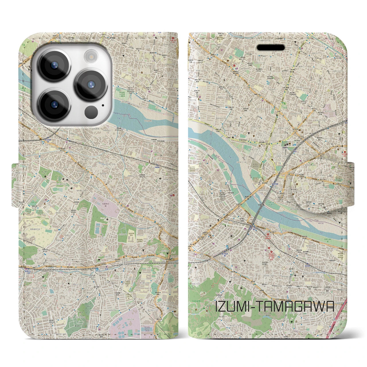 【和泉多摩川（東京都）】地図柄iPhoneケース（手帳タイプ）ナチュラル・iPhone 14 Pro 用