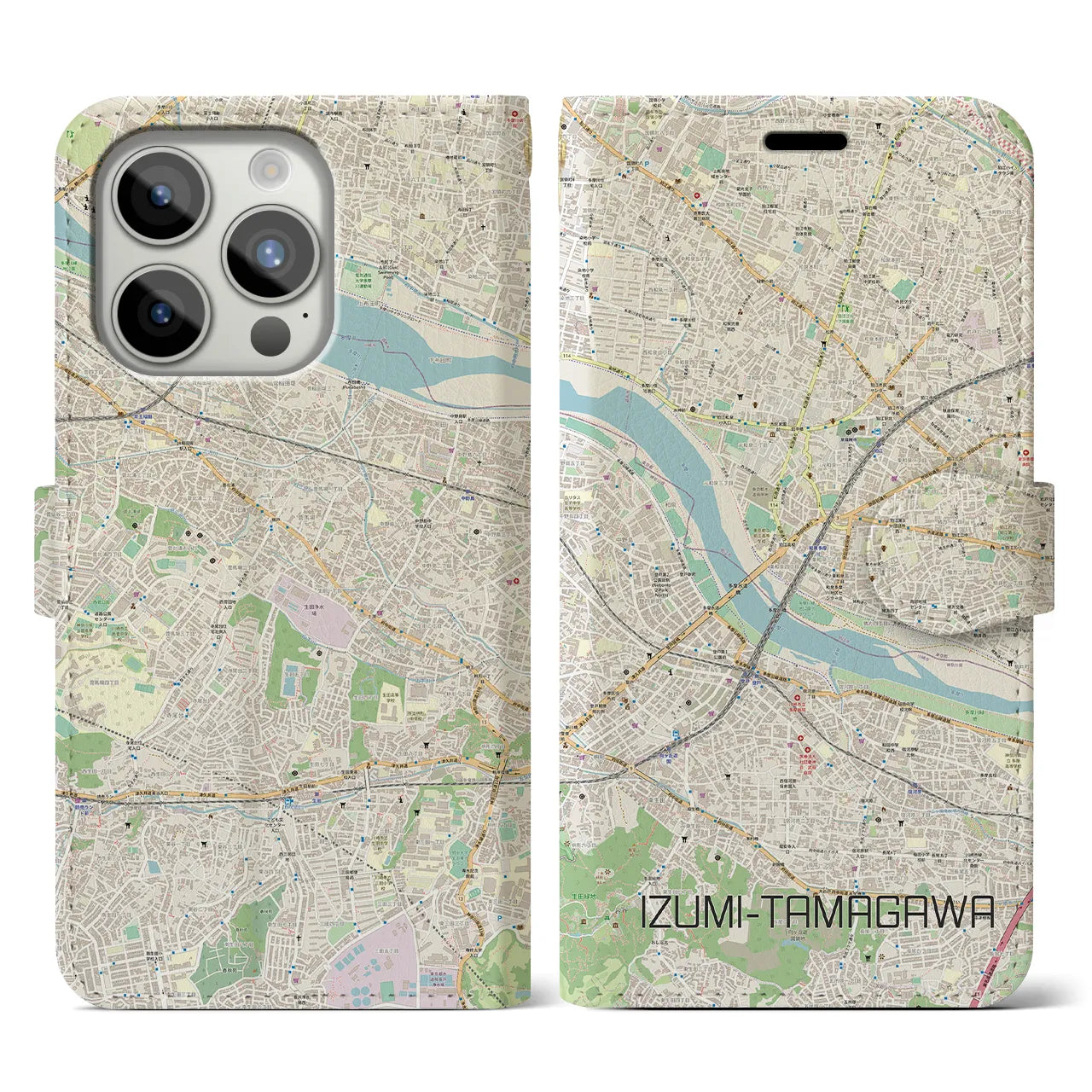 【和泉多摩川（東京都）】地図柄iPhoneケース（手帳タイプ）ナチュラル・iPhone 15 Pro 用