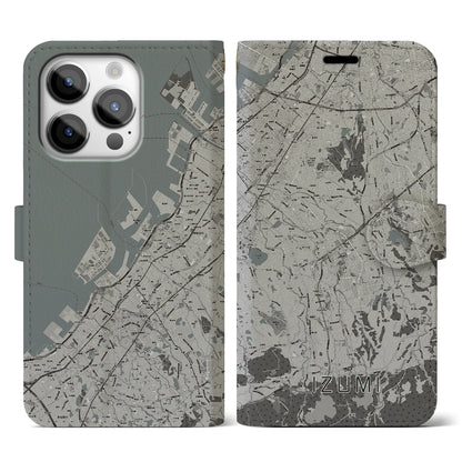 【和泉（大阪府）】地図柄iPhoneケース（手帳タイプ）モノトーン・iPhone 14 Pro 用