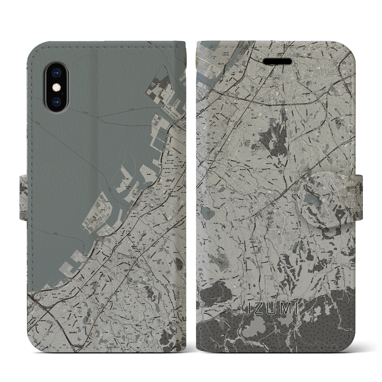 【和泉（大阪府）】地図柄iPhoneケース（手帳タイプ）モノトーン・iPhone XS / X 用