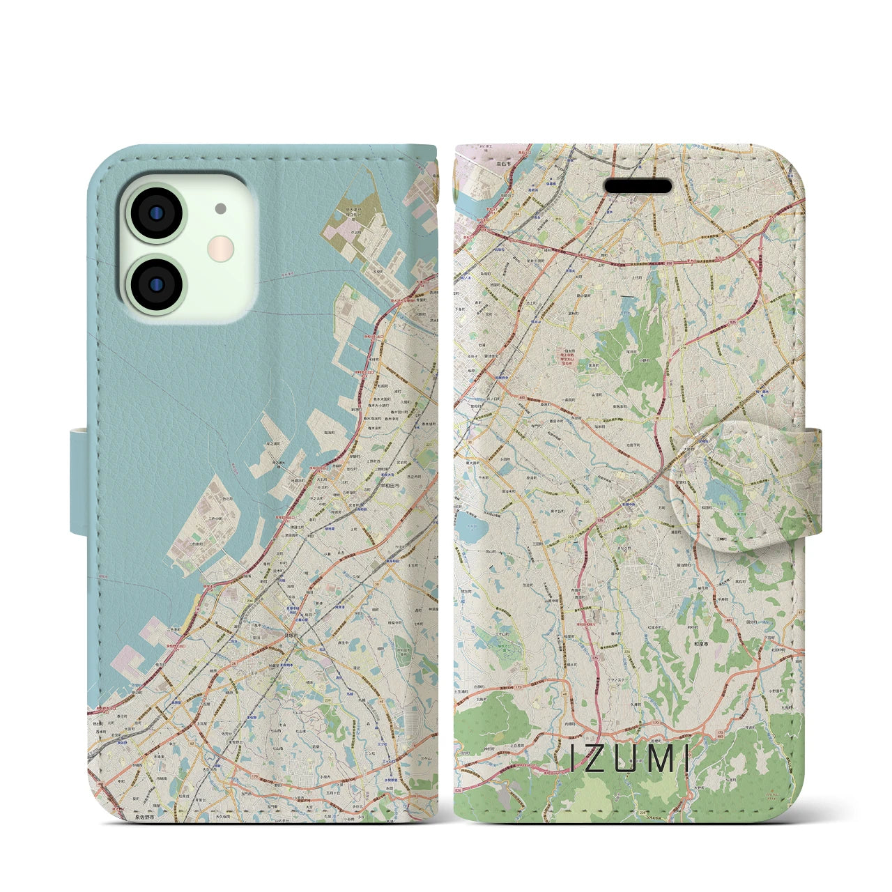 【和泉（大阪府）】地図柄iPhoneケース（手帳タイプ）ナチュラル・iPhone 12 mini 用