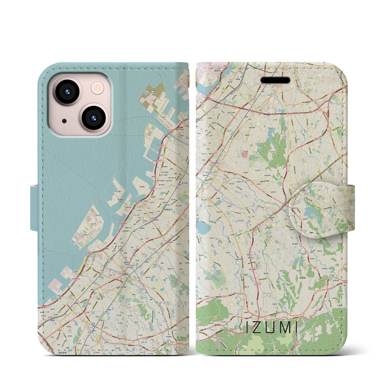 【和泉（大阪府）】地図柄iPhoneケース（手帳タイプ）ナチュラル・iPhone 13 mini 用