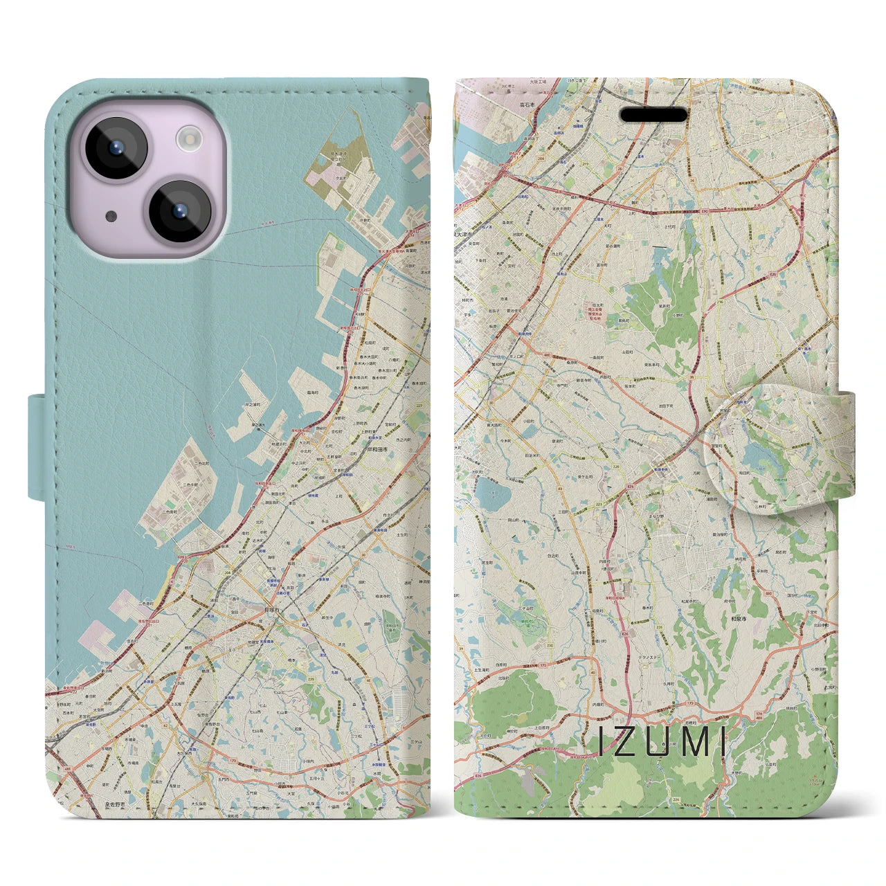 【和泉（大阪府）】地図柄iPhoneケース（手帳タイプ）ナチュラル・iPhone 14 用