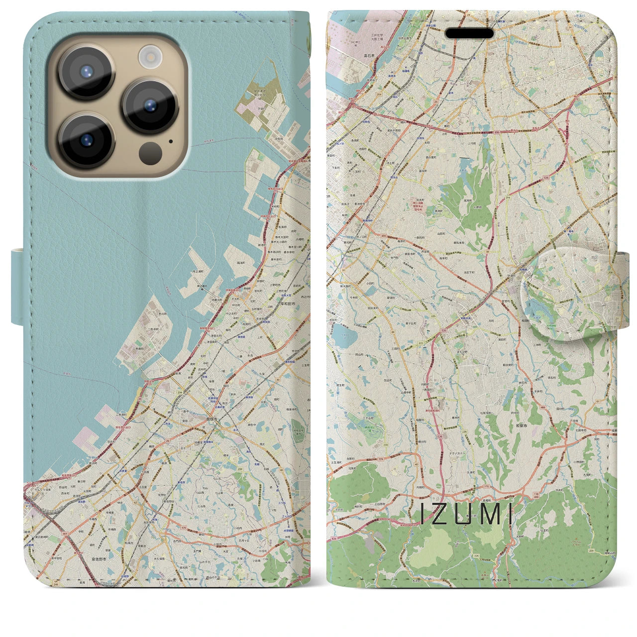 【和泉（大阪府）】地図柄iPhoneケース（手帳タイプ）ナチュラル・iPhone 14 Pro Max 用