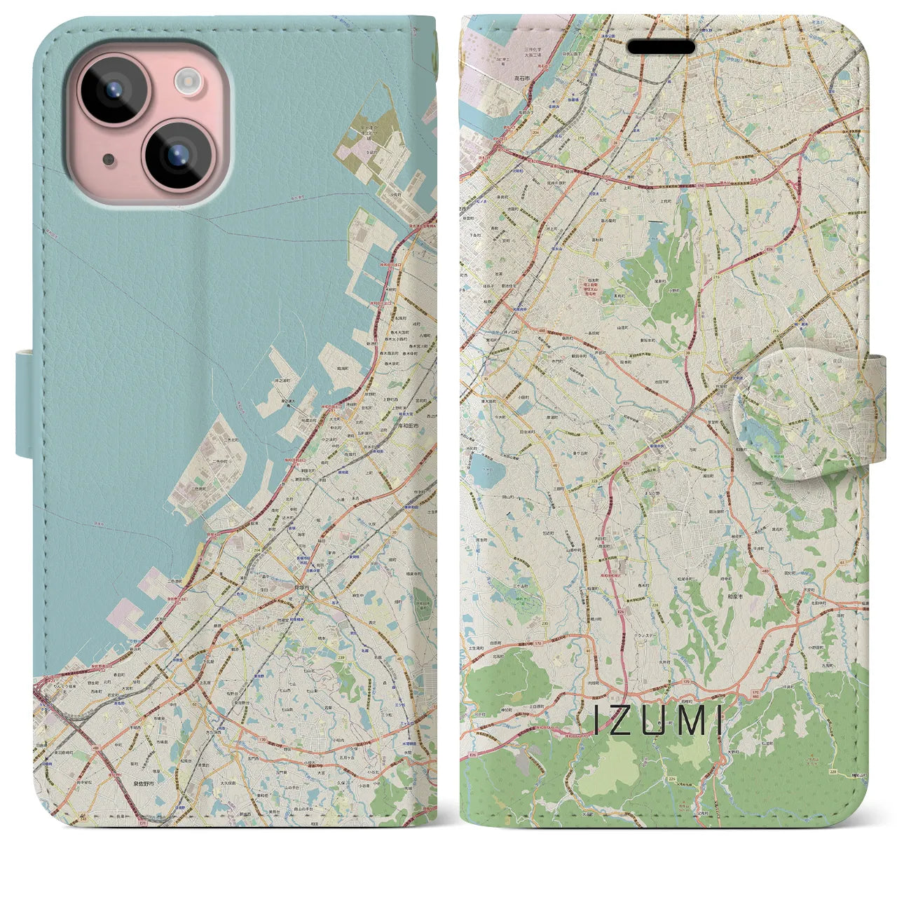 【和泉（大阪府）】地図柄iPhoneケース（手帳タイプ）ナチュラル・iPhone 15 Plus 用