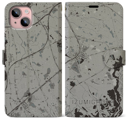 【泉ケ丘（大阪府）】地図柄iPhoneケース（手帳タイプ）モノトーン・iPhone 15 Plus 用