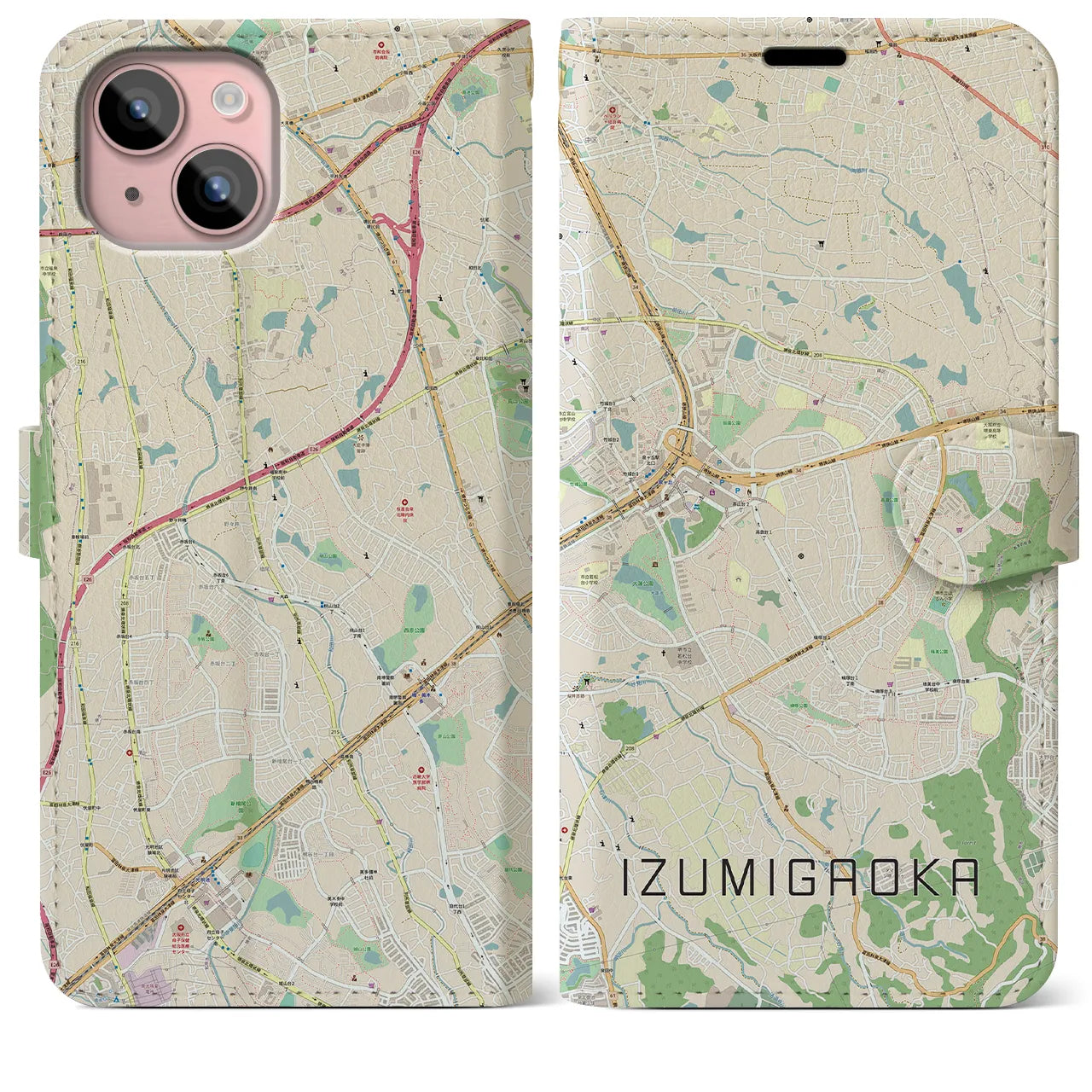 【泉ケ丘（大阪府）】地図柄iPhoneケース（手帳タイプ）ナチュラル・iPhone 15 Plus 用