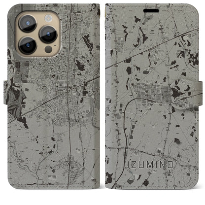 【いずみ野（神奈川県）】地図柄iPhoneケース（手帳タイプ）モノトーン・iPhone 14 Pro Max 用