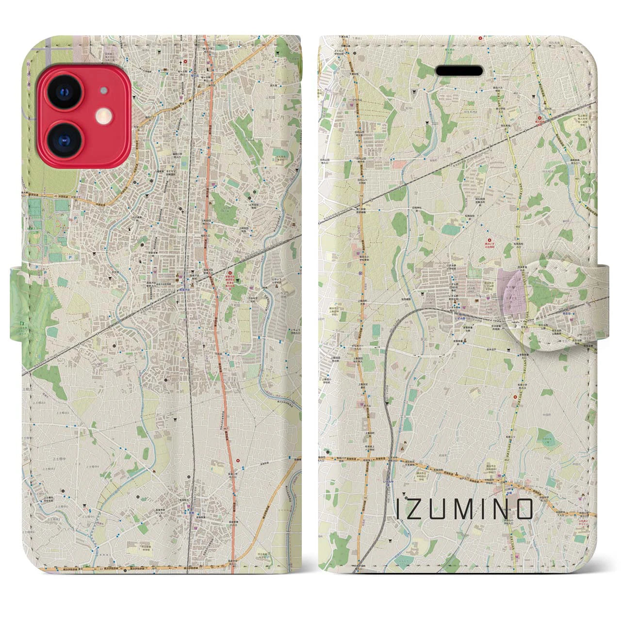 【いずみ野（神奈川県）】地図柄iPhoneケース（手帳タイプ）ナチュラル・iPhone 11 用