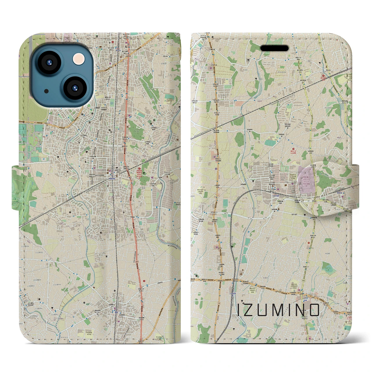 【いずみ野（神奈川県）】地図柄iPhoneケース（手帳タイプ）ナチュラル・iPhone 13 用