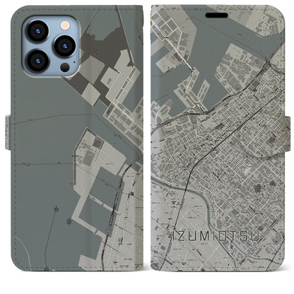 【泉大津（大阪府）】地図柄iPhoneケース（手帳タイプ）モノトーン・iPhone 13 Pro Max 用