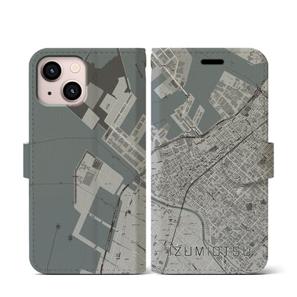 【泉大津（大阪府）】地図柄iPhoneケース（手帳タイプ）モノトーン・iPhone 13 mini 用