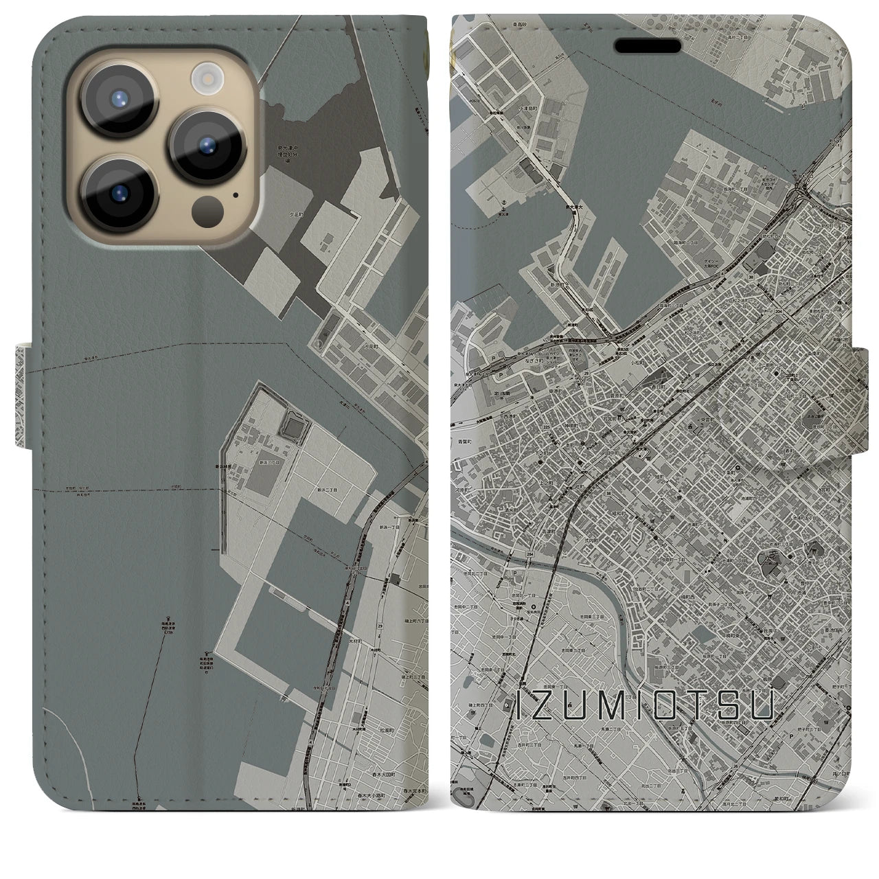 【泉大津】地図柄iPhoneケース（手帳両面タイプ・モノトーン）iPhone 14 Pro Max 用