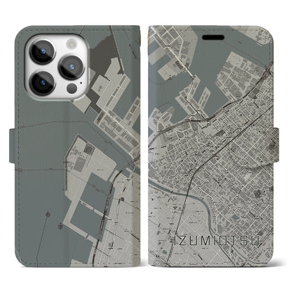 【泉大津（大阪府）】地図柄iPhoneケース（手帳タイプ）モノトーン・iPhone 14 Pro 用