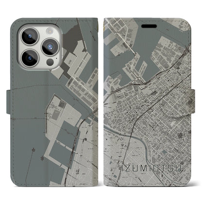 【泉大津（大阪府）】地図柄iPhoneケース（手帳タイプ）モノトーン・iPhone 15 Pro 用