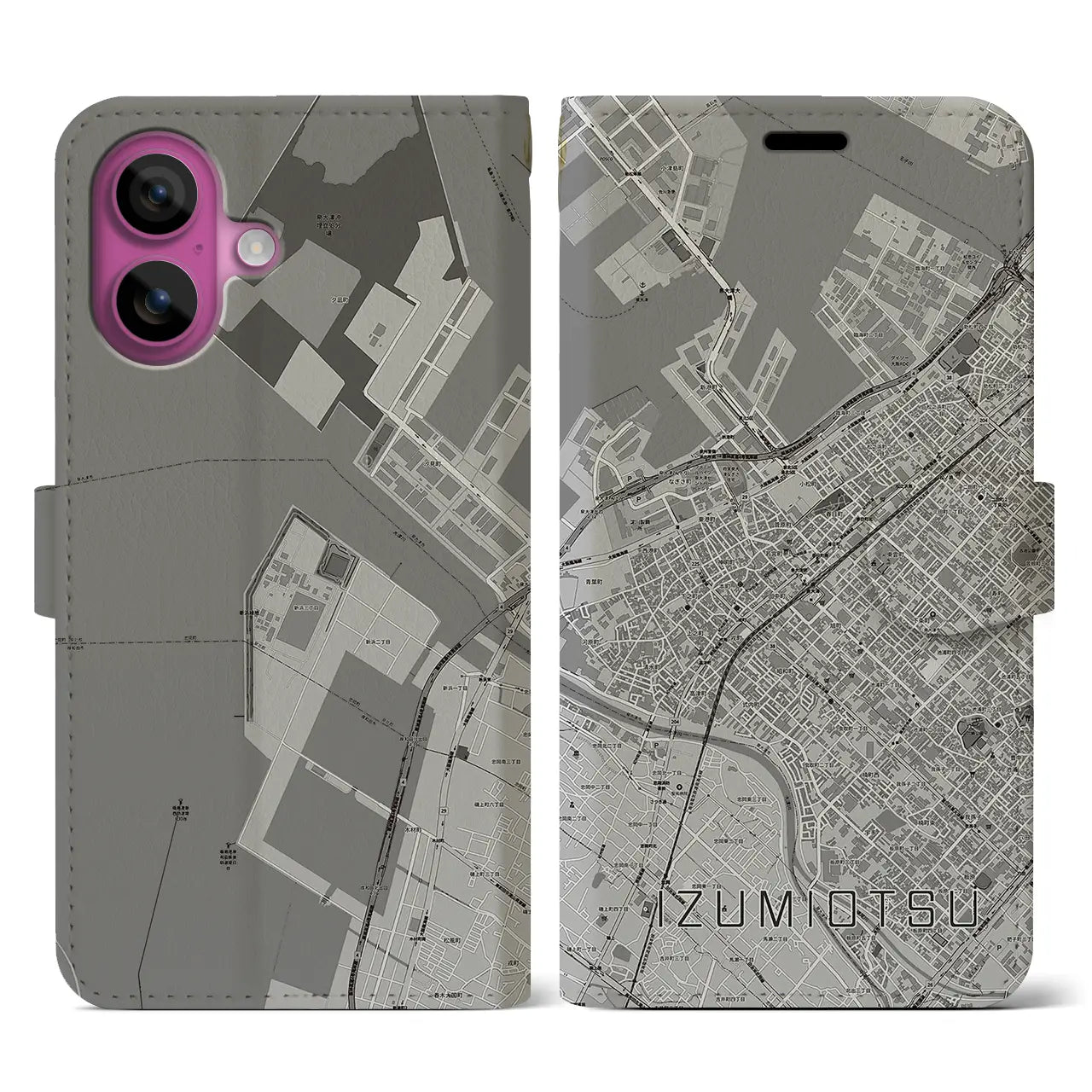 【泉大津（大阪府）】地図柄iPhoneケース（手帳タイプ）モノトーン・iPhone 16 Pro 用