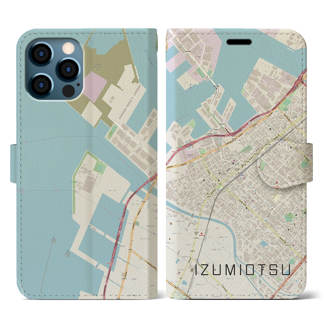 【泉大津（大阪府）】地図柄iPhoneケース（手帳タイプ）ナチュラル・iPhone 12 / 12 Pro 用