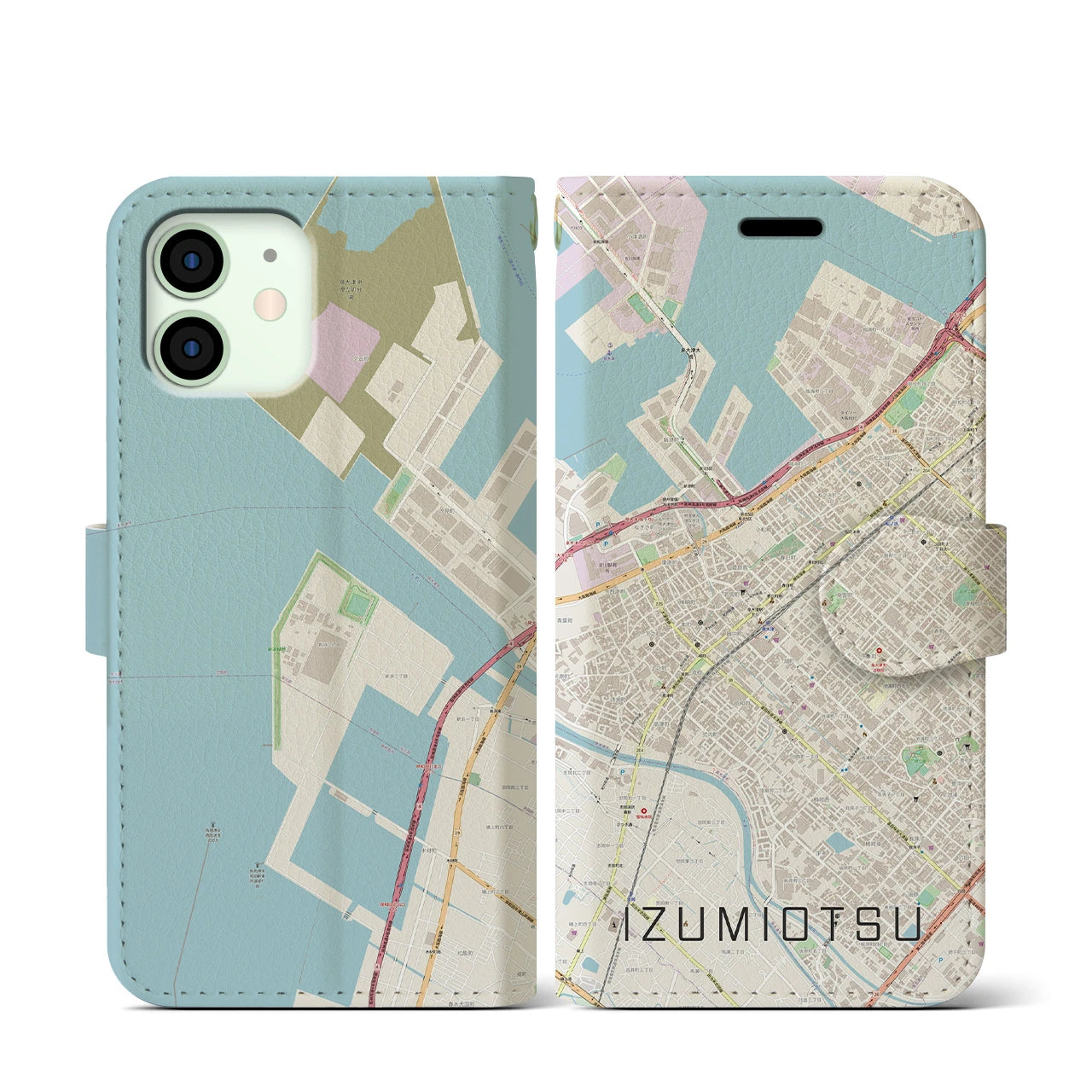 【泉大津（大阪府）】地図柄iPhoneケース（手帳タイプ）ナチュラル・iPhone 12 mini 用