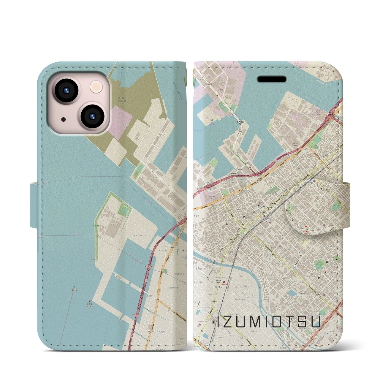 【泉大津（大阪府）】地図柄iPhoneケース（手帳タイプ）ナチュラル・iPhone 13 mini 用