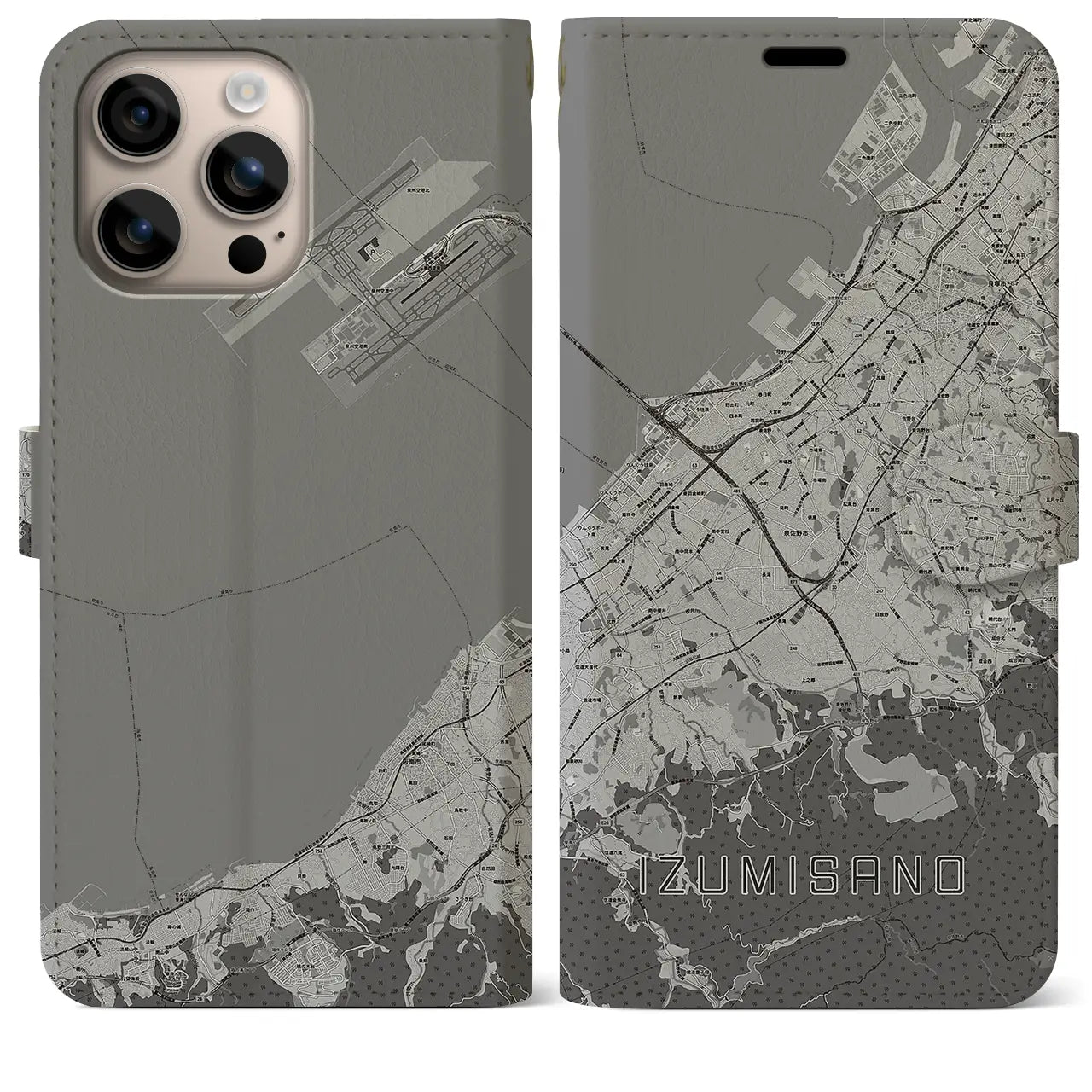 【泉佐野（大阪府）】地図柄iPhoneケース（手帳タイプ）モノトーン・iPhone 16 Plus 用