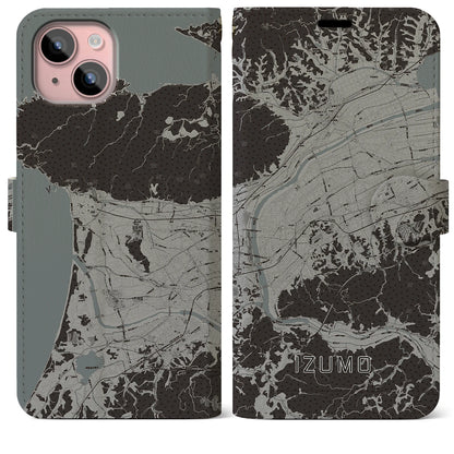 【出雲（島根県）】地図柄iPhoneケース（手帳タイプ）モノトーン・iPhone 15 Plus 用