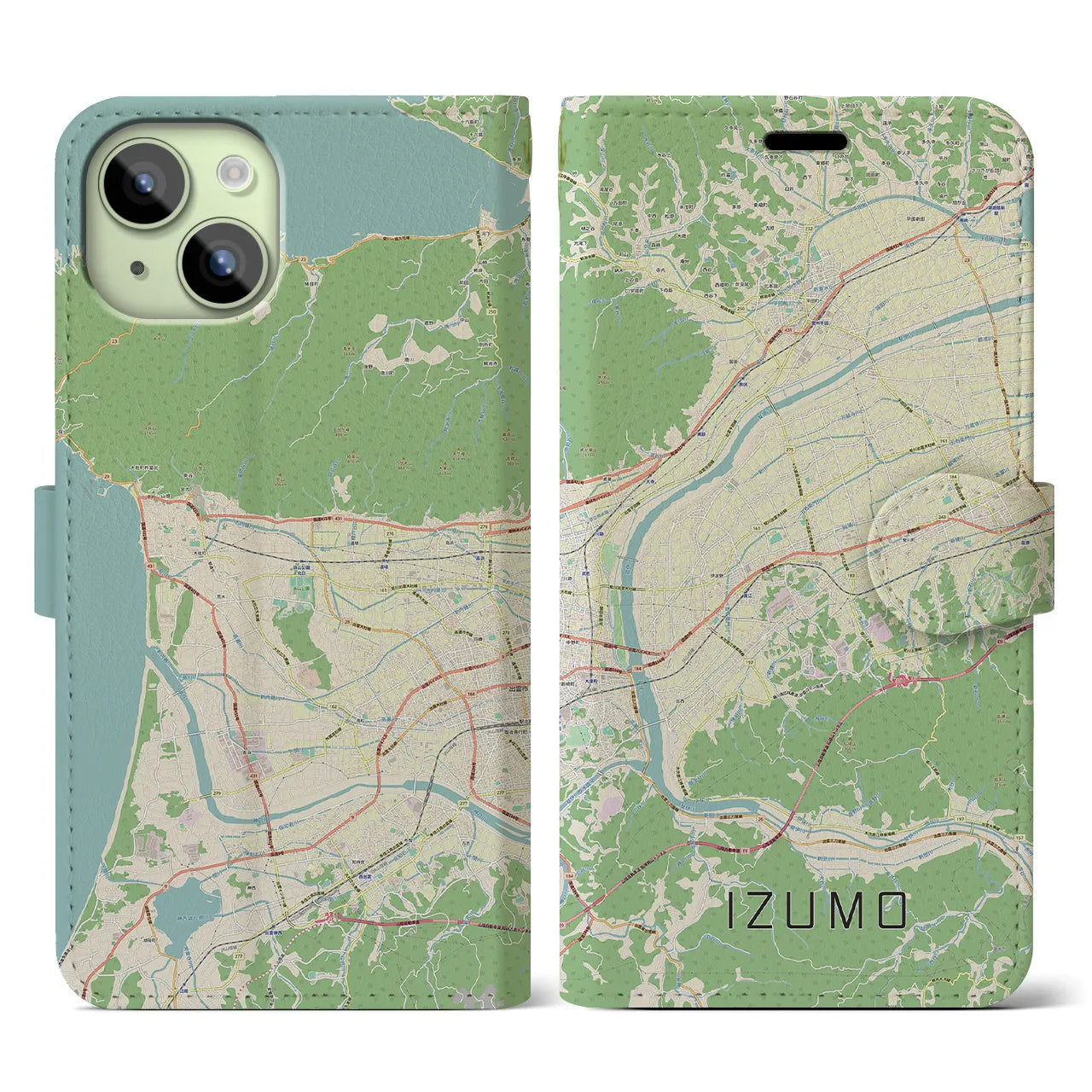 【出雲（島根県）】地図柄iPhoneケース（手帳タイプ）ナチュラル・iPhone 15 用