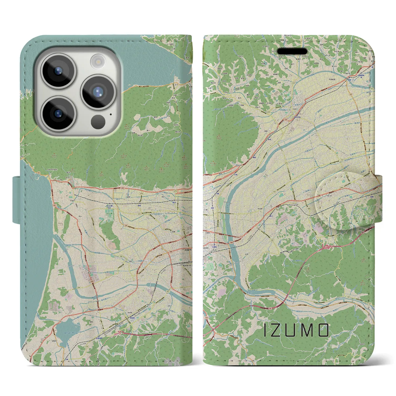 【出雲（島根県）】地図柄iPhoneケース（手帳タイプ）ナチュラル・iPhone 15 Pro 用