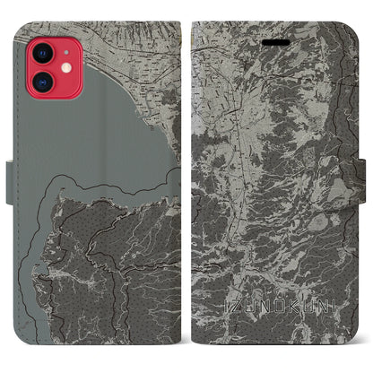 【伊豆の国（静岡県）】地図柄iPhoneケース（手帳タイプ）モノトーン・iPhone 11 用
