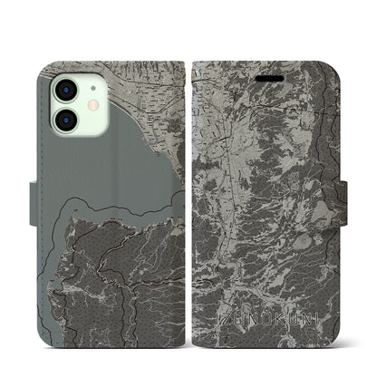 【伊豆の国（静岡県）】地図柄iPhoneケース（手帳タイプ）モノトーン・iPhone 12 mini 用