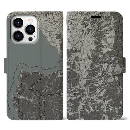 【伊豆の国（静岡県）】地図柄iPhoneケース（手帳タイプ）モノトーン・iPhone 13 Pro 用