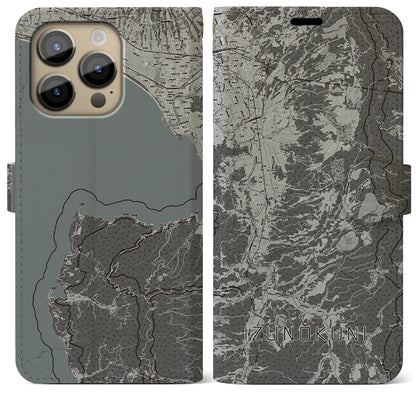 【伊豆の国（静岡県）】地図柄iPhoneケース（手帳タイプ）モノトーン・iPhone 14 Pro Max 用