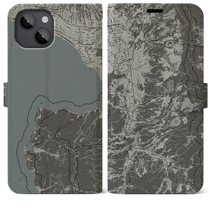 【伊豆の国（静岡県）】地図柄iPhoneケース（手帳タイプ）モノトーン・iPhone 14 Plus 用