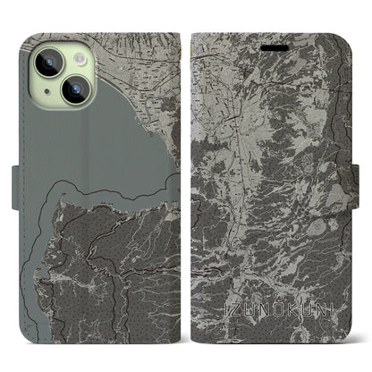 【伊豆の国（静岡県）】地図柄iPhoneケース（手帳タイプ）モノトーン・iPhone 15 用