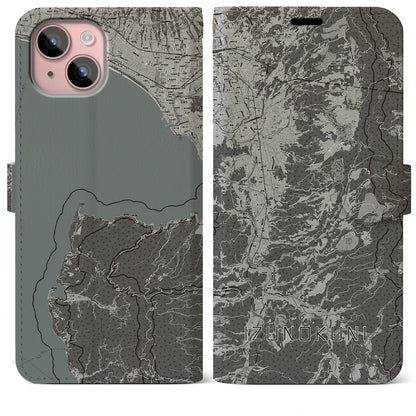 【伊豆の国（静岡県）】地図柄iPhoneケース（手帳タイプ）モノトーン・iPhone 15 Plus 用