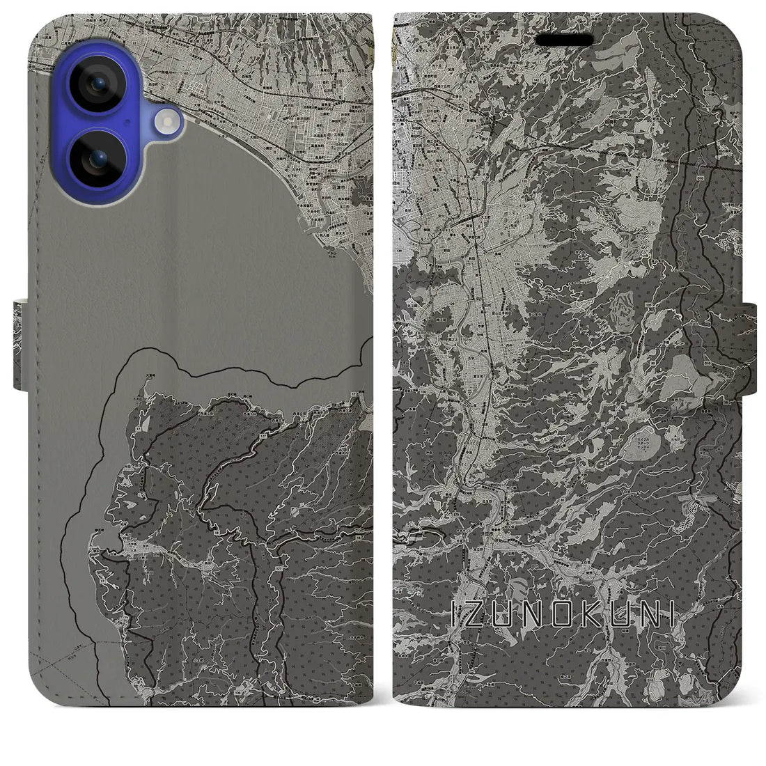 【伊豆の国(静岡県)】地図柄iPhoneケース(手帳タイプ)モノトーン・iPhone 16 Pro Max 用