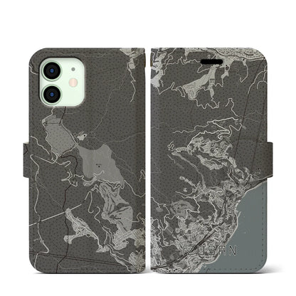 【伊豆山（静岡県）】地図柄iPhoneケース（手帳タイプ）モノトーン・iPhone 12 mini 用