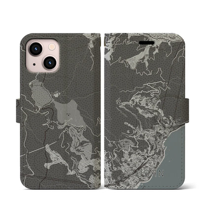 【伊豆山（静岡県）】地図柄iPhoneケース（手帳タイプ）モノトーン・iPhone 13 mini 用