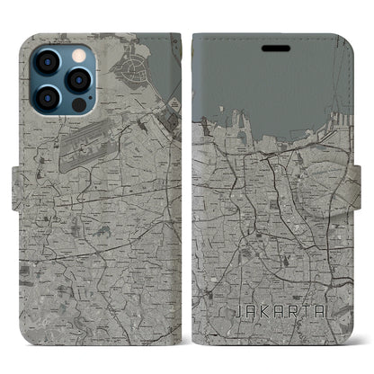 【ジャカルタ（インドネシア）】地図柄iPhoneケース（手帳タイプ）モノトーン・iPhone 12 / 12 Pro 用