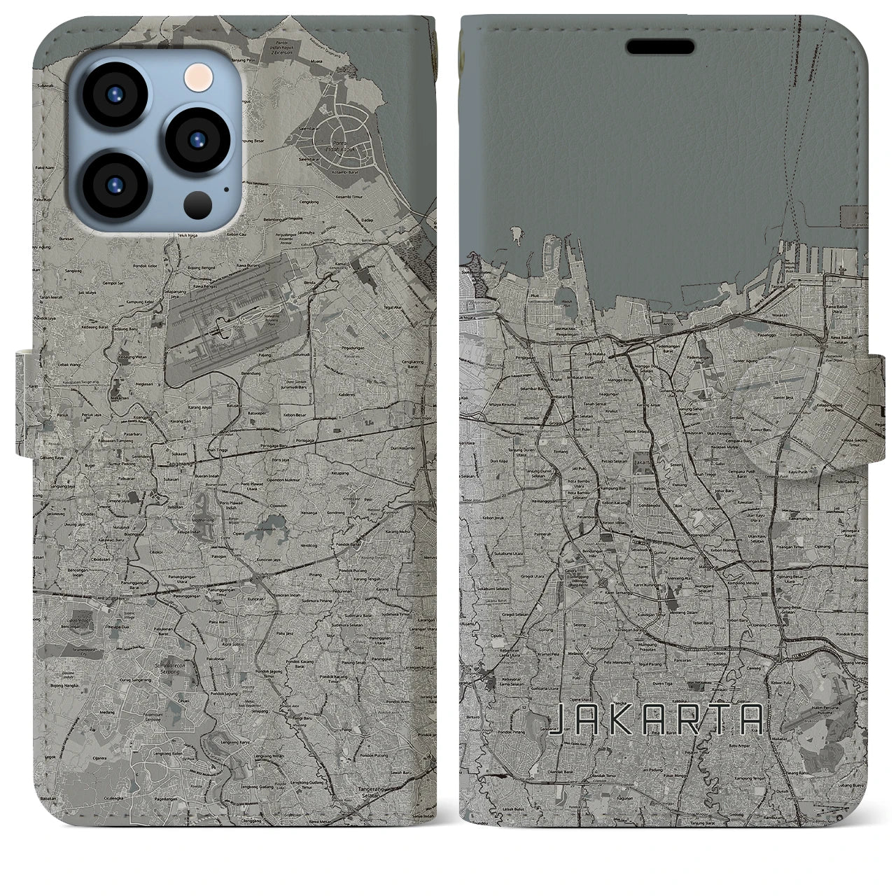 【ジャカルタ】地図柄iPhoneケース（手帳両面タイプ・モノトーン）iPhone 13 Pro Max 用